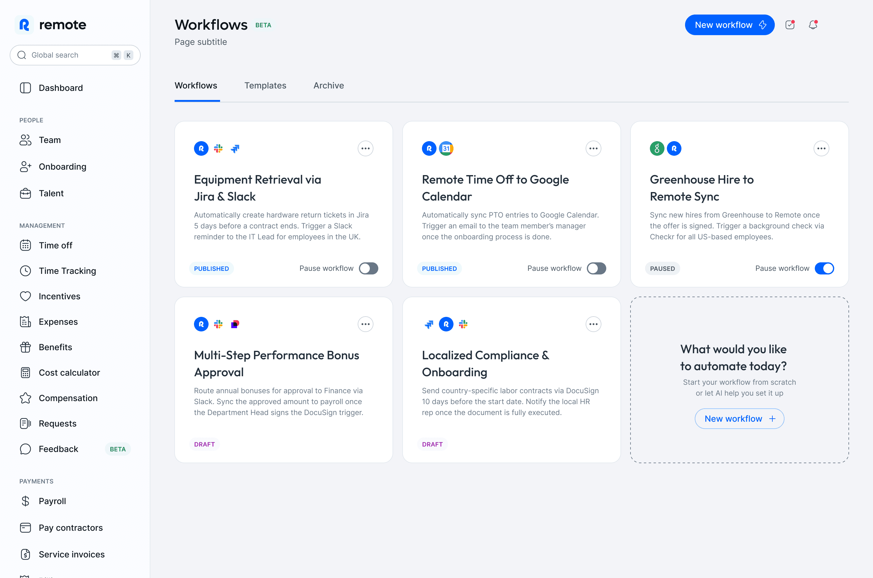 Remote Workflows dashboard